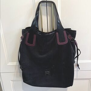 INNUE Blue Suede leather Tote Bag with patent leather straps w purple accents